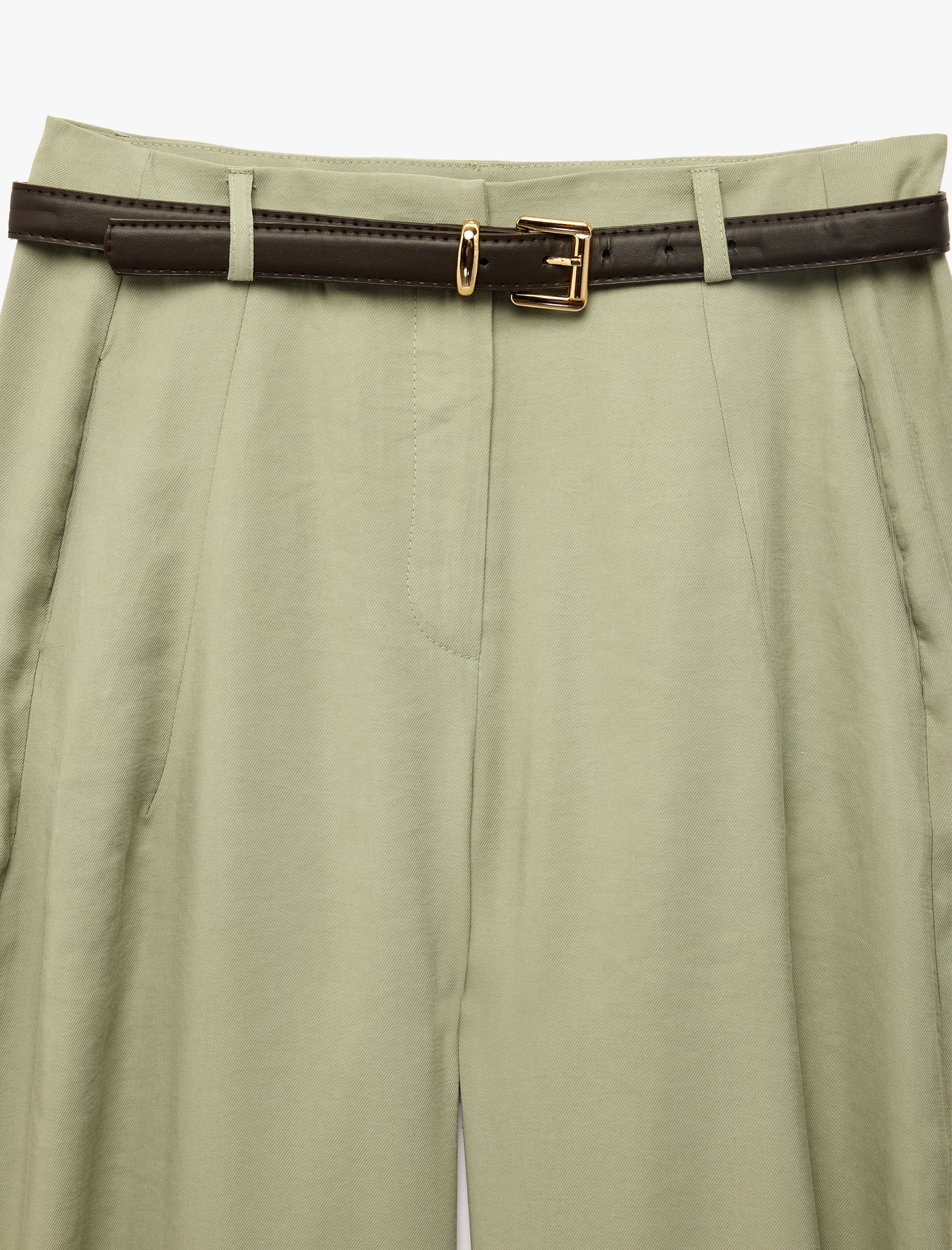   Modal Kumaş Cepli Pile Detaylı Kemerli Geniş Paça Palazzo Pantolon