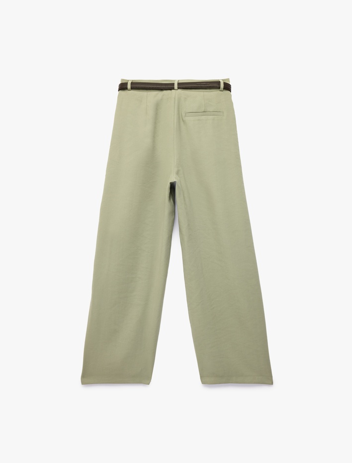  Modal Kumaş Cepli Pile Detaylı Kemerli Geniş Paça Palazzo Pantolon