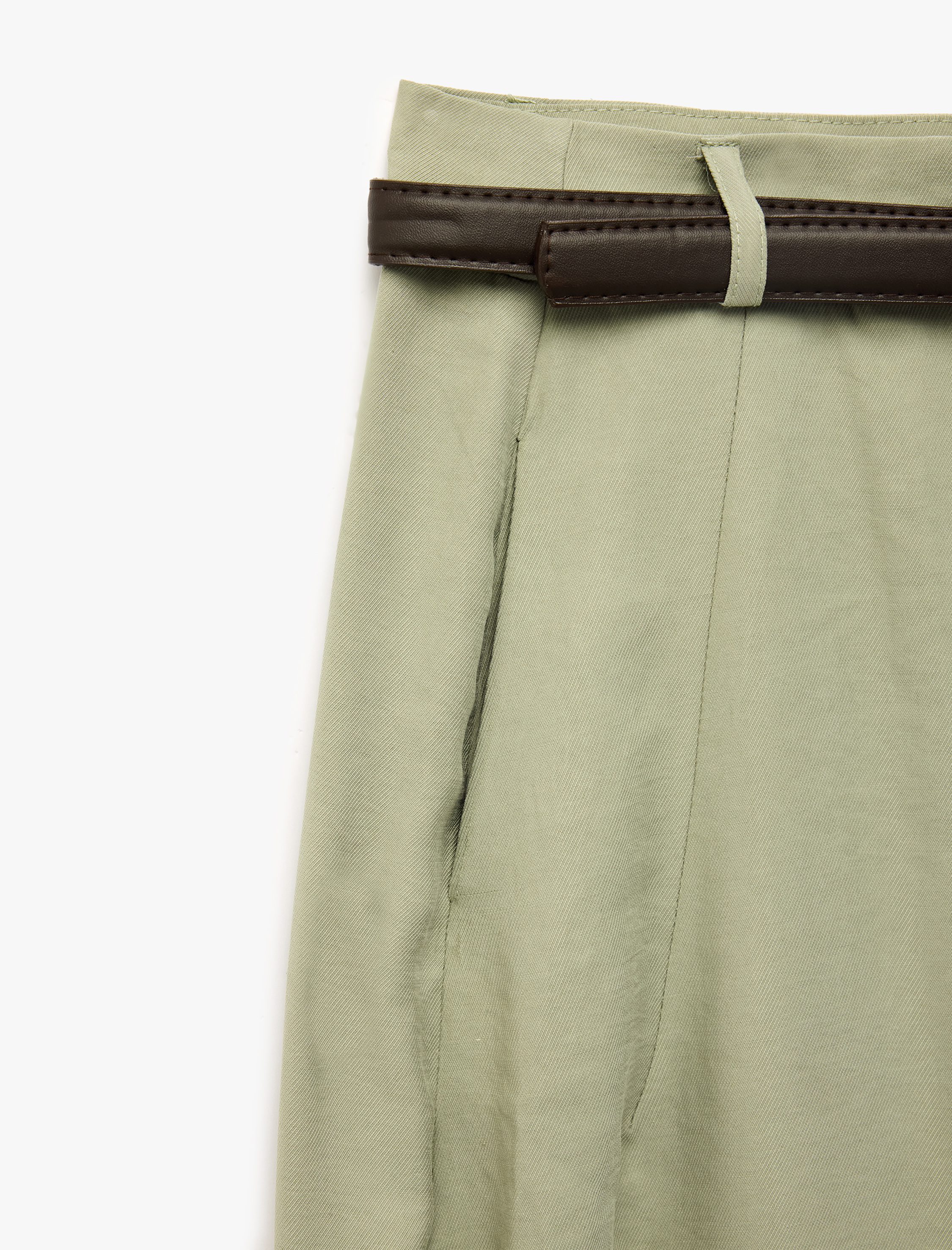   Modal Kumaş Cepli Pile Detaylı Kemerli Geniş Paça Palazzo Pantolon