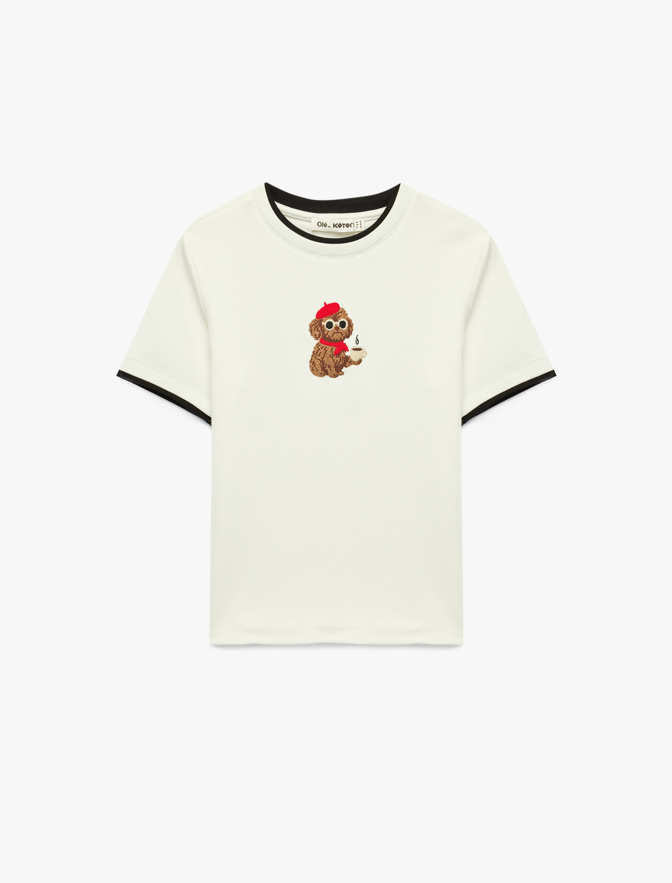   Slim Fit Kısa Kollu Bisiklet Yaka Modal Karışımlı Köpek Nakışlı Tişört