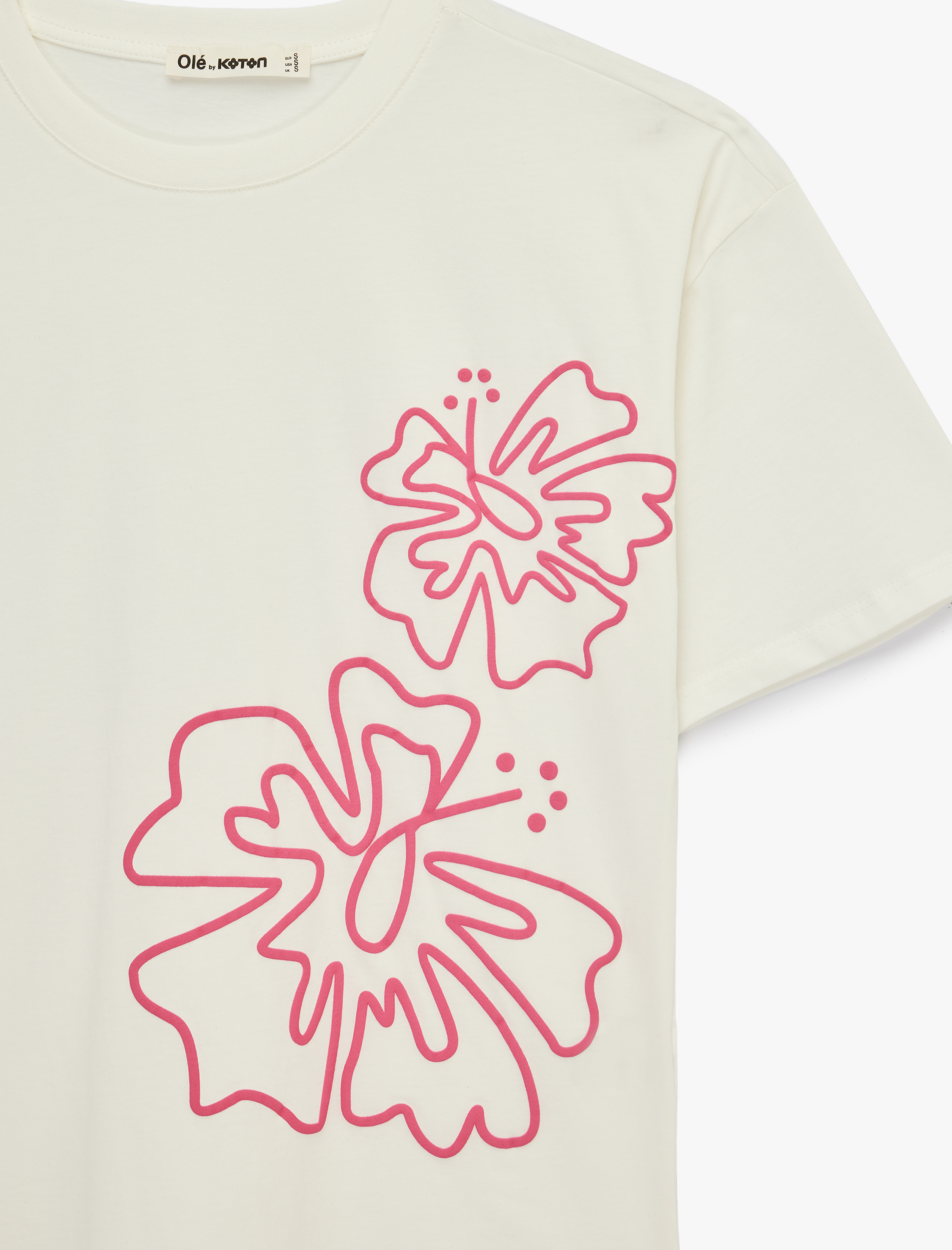   Çiçek Baskılı Bisiklet Yaka Rahat Kalıp Kısa Kollu Pamuklu Tişört