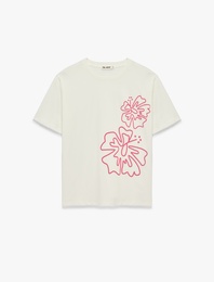 Çiçek Baskılı Bisiklet Yaka Rahat Kalıp Kısa Kollu Pamuklu Tişört