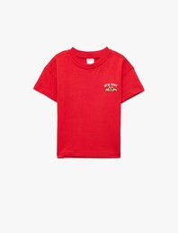 Pamuklu Kısa Kollu Bisiklet Yaka Nakışlı Tişört