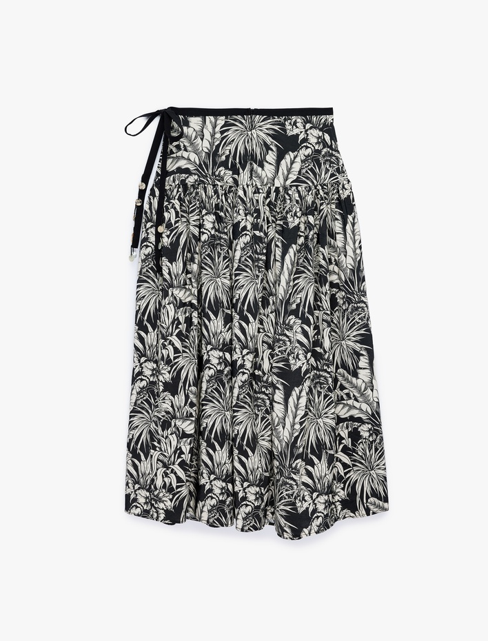  Viskon Kumaş Pileli Belden Oturtmalı Fiyonklu Çiçekli Midi Kloş Etek