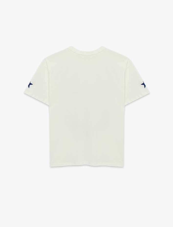  Rahat Kalıp Kısa Kollu Bisiklet Yaka Baskılı Pamuklu Tişört