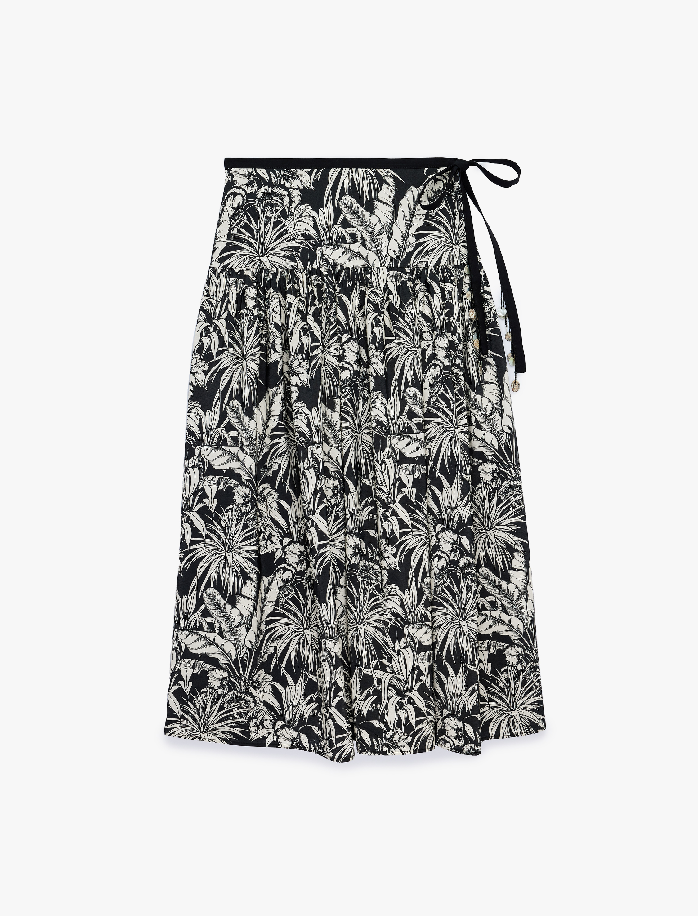   Viskon Kumaş Pileli Belden Oturtmalı Fiyonklu Çiçekli Midi Kloş Etek