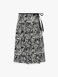 Viskon Kumaş Pileli Belden Oturtmalı Fiyonklu Çiçekli Midi Kloş Etek