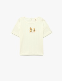 Pamuklu Kısa Kollu Bisiklet Yaka Tavşan Baskılı Tişört