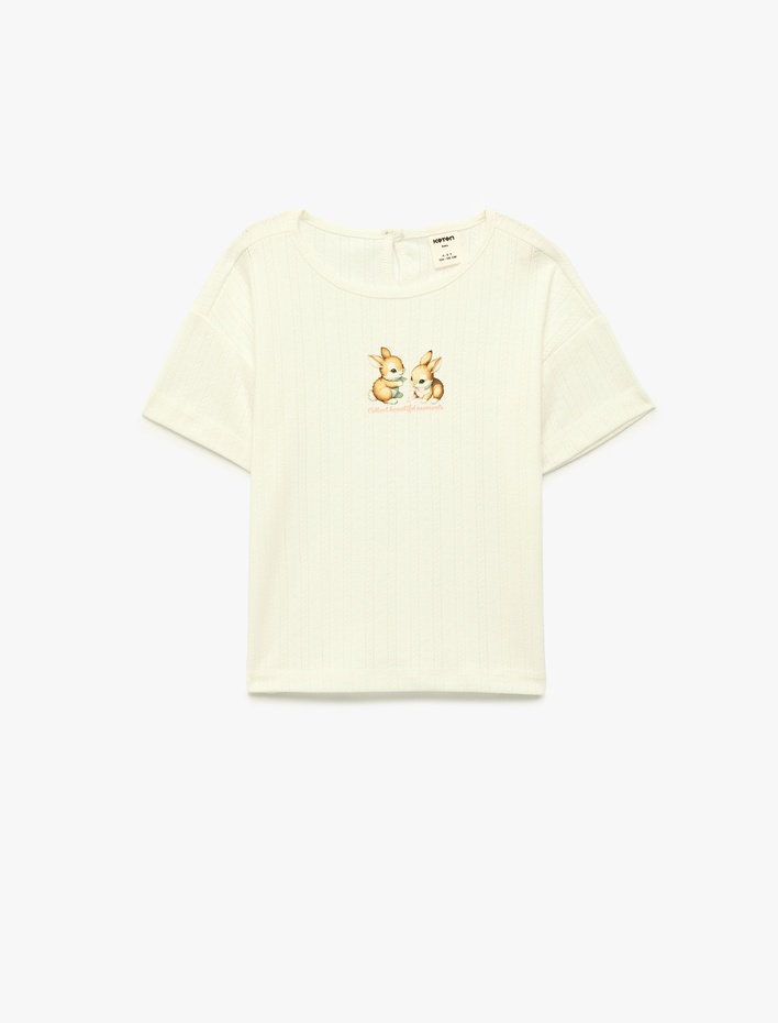 Kız Bebek Pamuklu Kısa Kollu Bisiklet Yaka Tavşan Baskılı Tişört