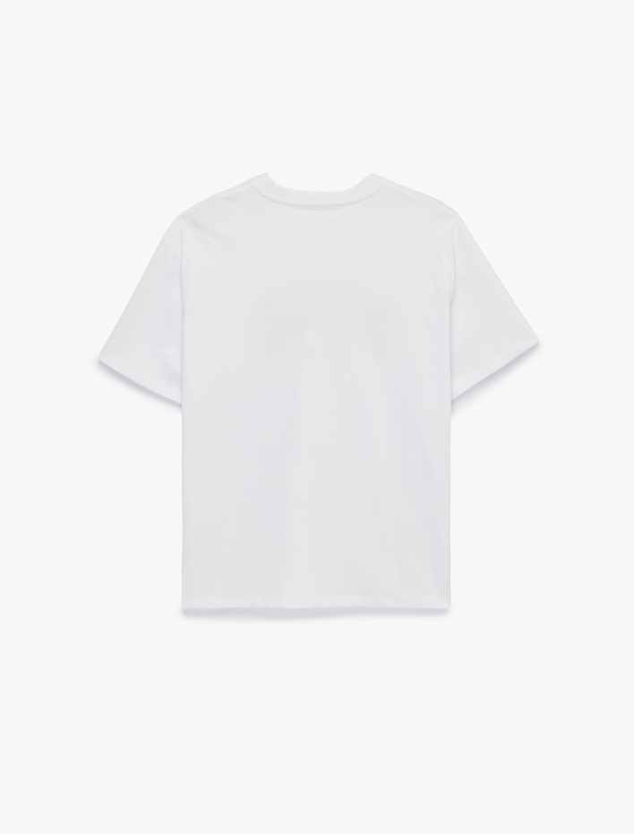  Pamuklu Kısa Kollu Bisiklet Yaka Baskılı Tişört