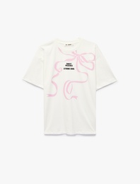 Rahat Kalıp Kısa Kollu Bisiklet Yaka Fiyonk Baskılı Pamuklu Tişört