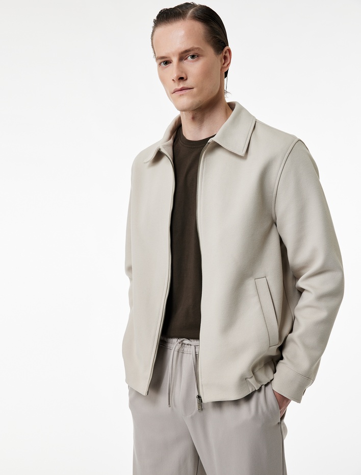  Slim Fit Cep Detaylı Uzun Kollu Fermuarlı Gömlek Yaka Mevsimlik Ceket