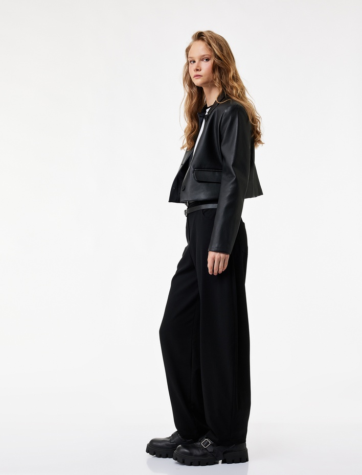  Rahat Kalıp Düğmeli Viskon Karışımlı Cep Detaylı Balon Pantolon