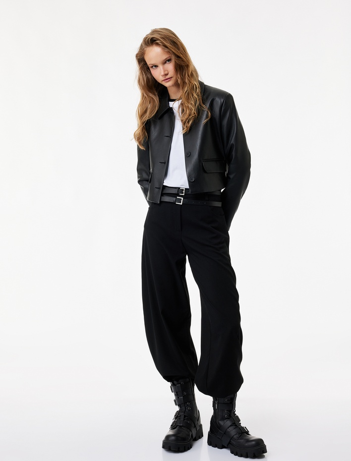  Rahat Kalıp Düğmeli Viskon Karışımlı Cep Detaylı Balon Pantolon