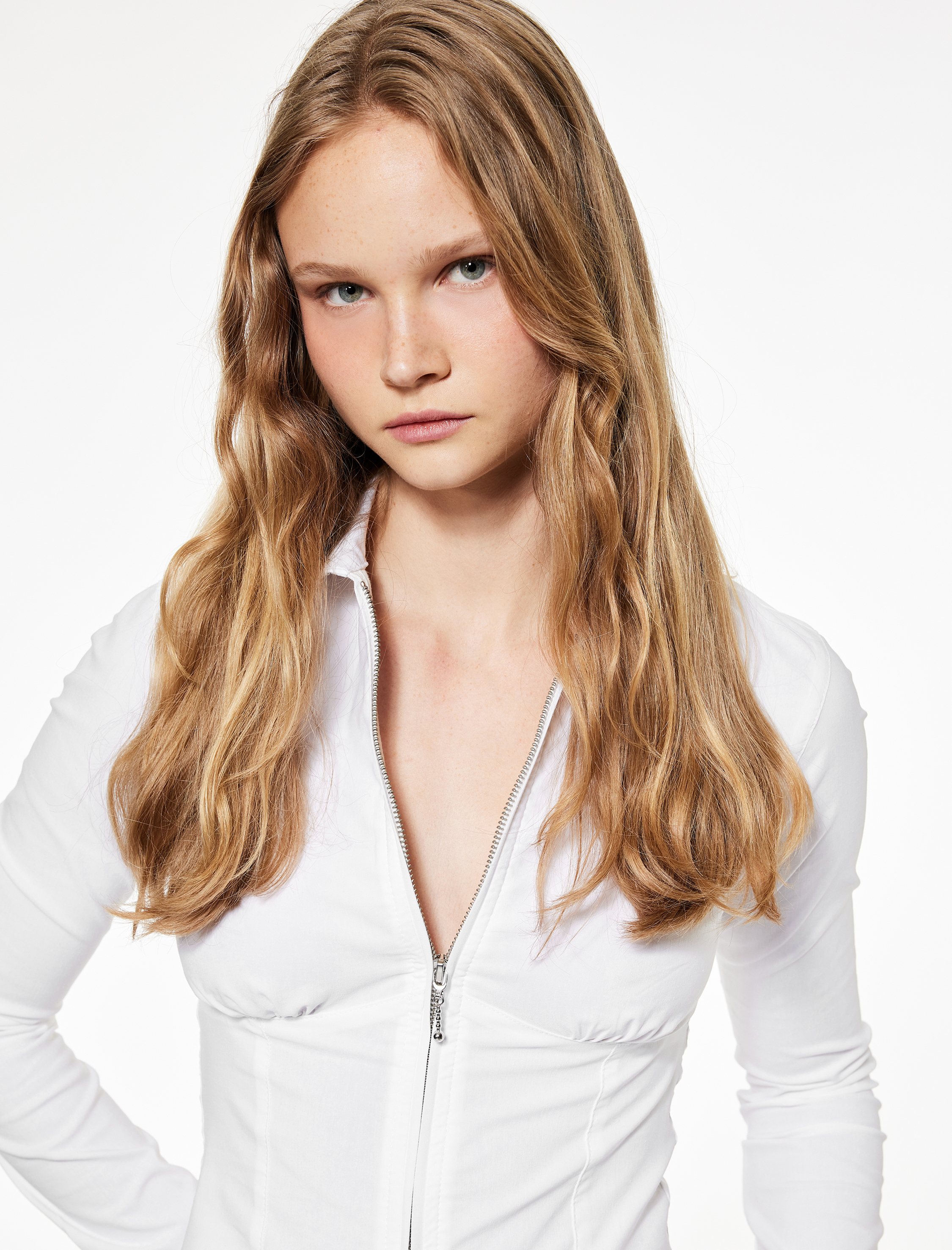   Uzun Kollu Crop Korse Detaylı Fermuarlı Gömlek