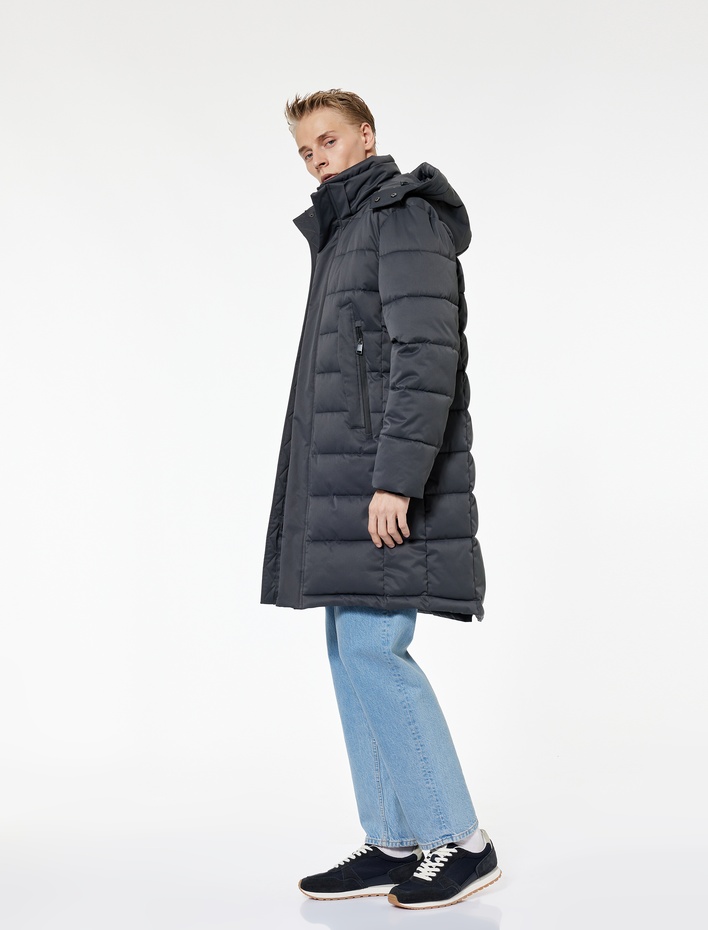  Uzun Kollu Cepli Kapşonlu Uzun Şişme Mont