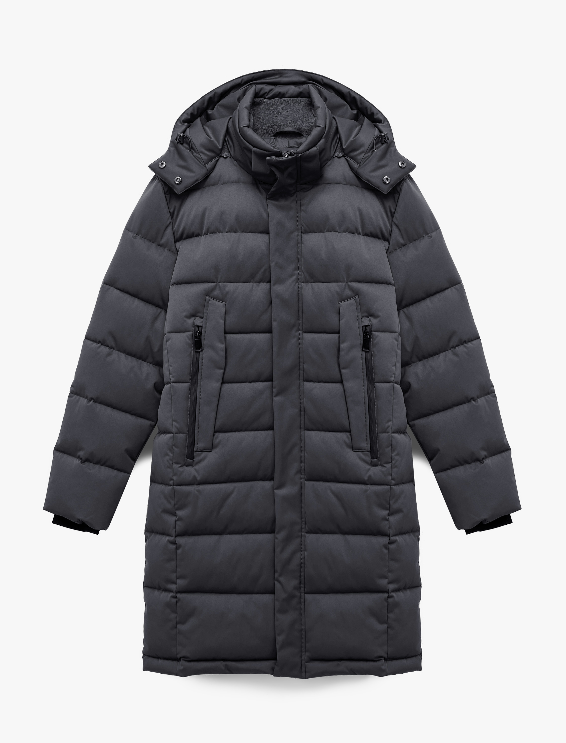   Uzun Kollu Cepli Kapşonlu Uzun Şişme Mont