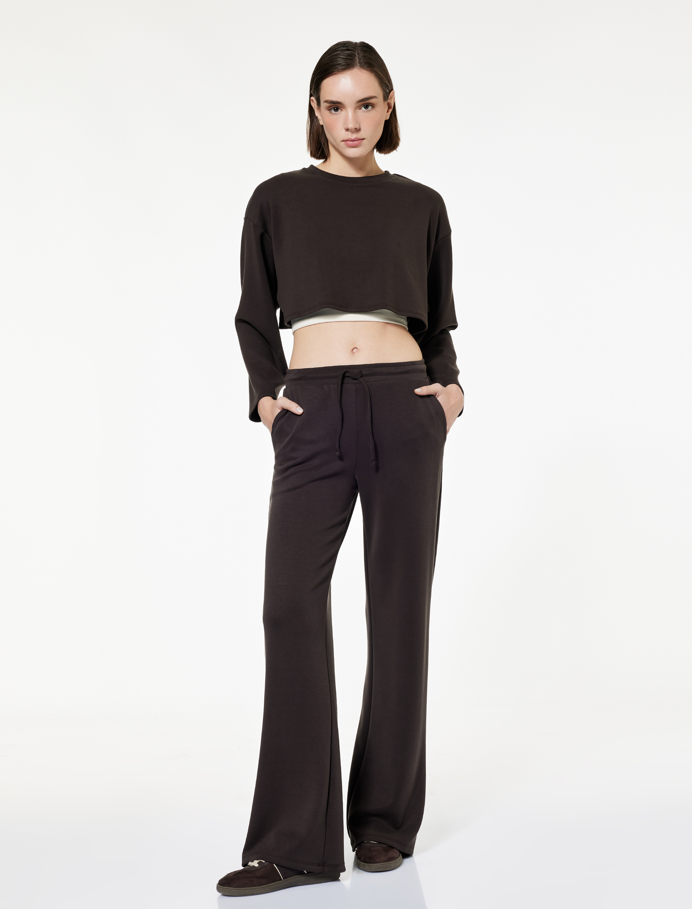   Uzun Kollu Bisiklet Yaka Oversize Spor Crop Sweatshirt