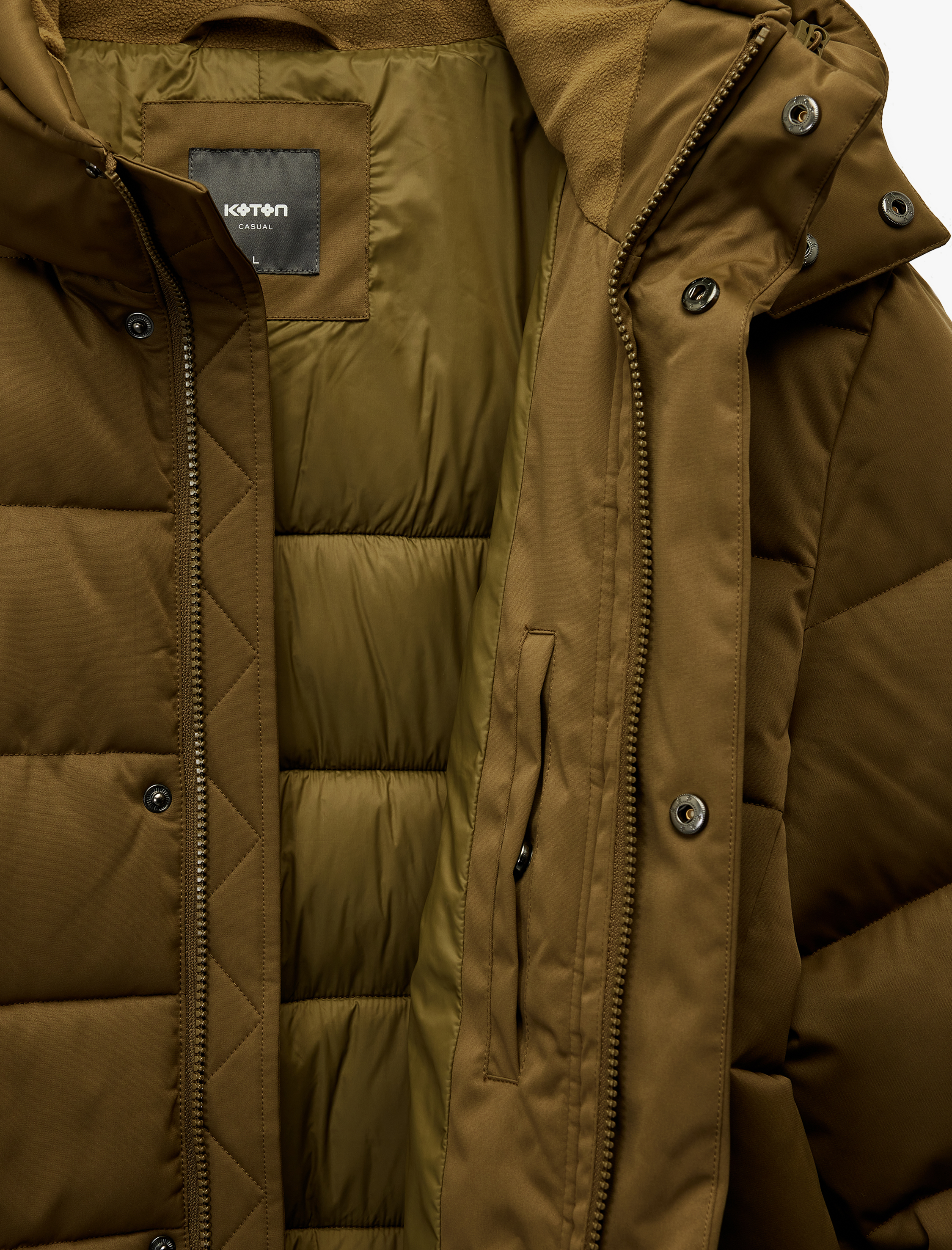   Uzun Kollu Cepli Kapşonlu Uzun Şişme Mont