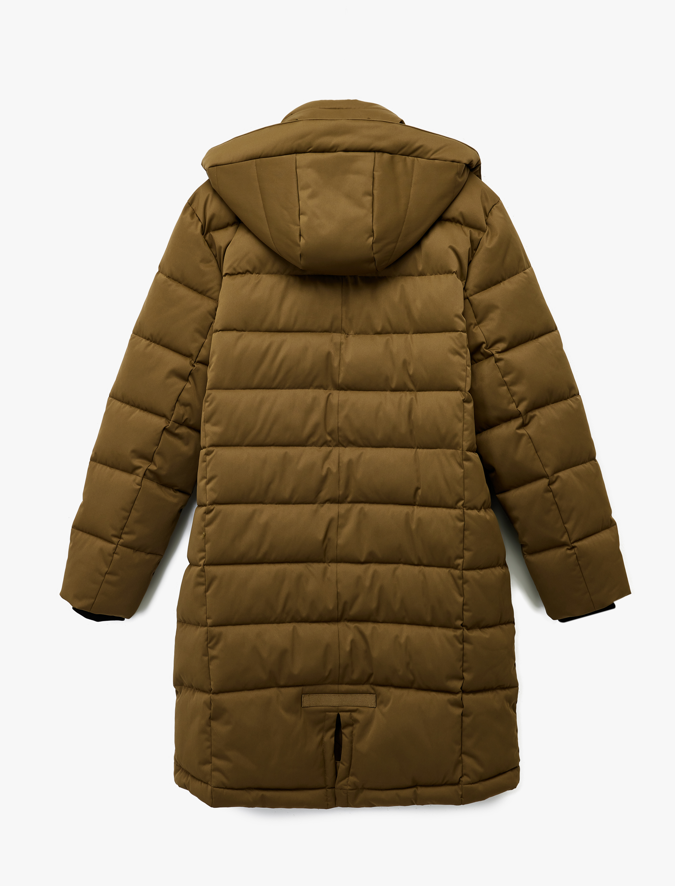   Uzun Kollu Cepli Kapşonlu Uzun Şişme Mont