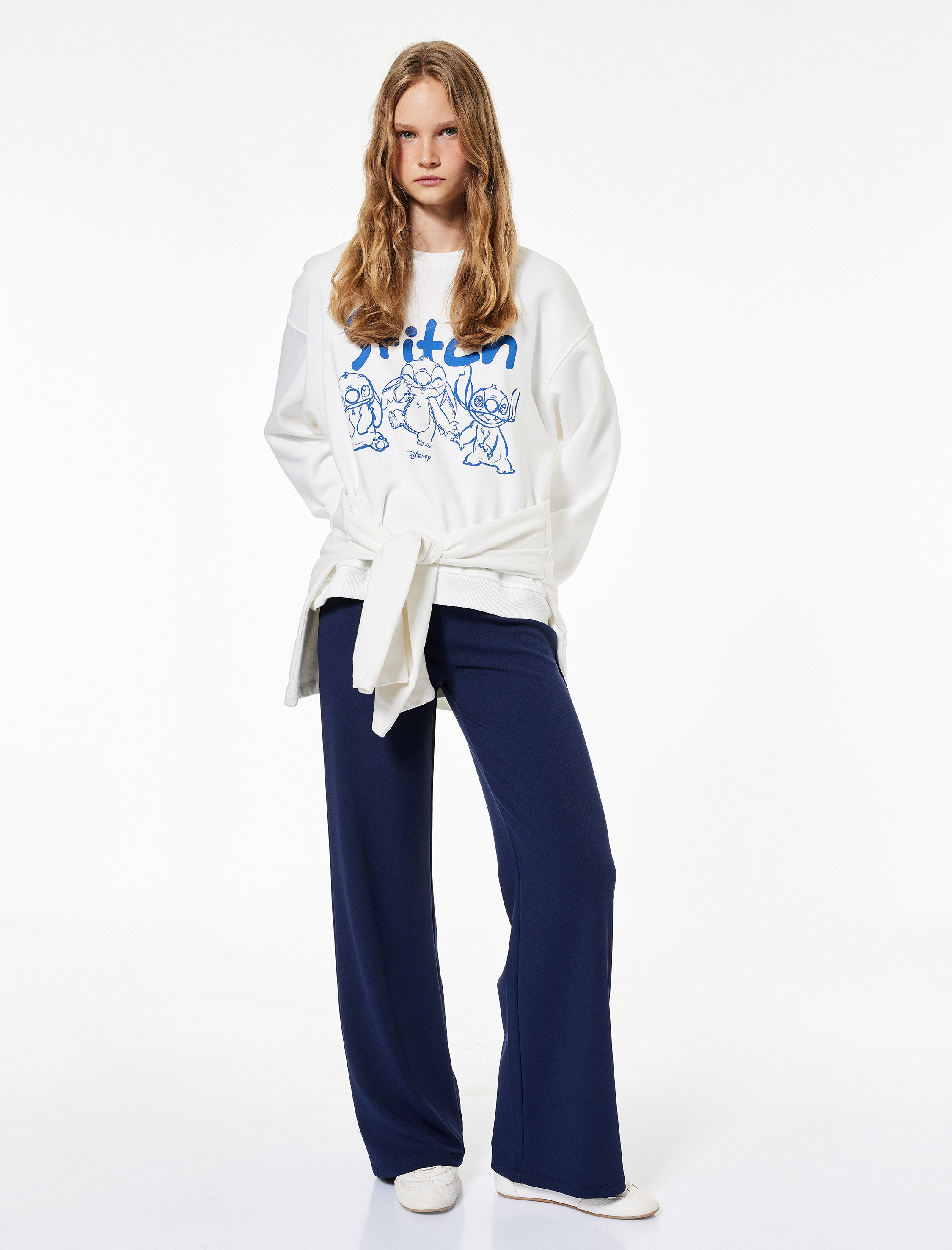  Şardonlu Stitch Lisanslı Bisiklet Yaka Baskılı Oversize Sweatshirt