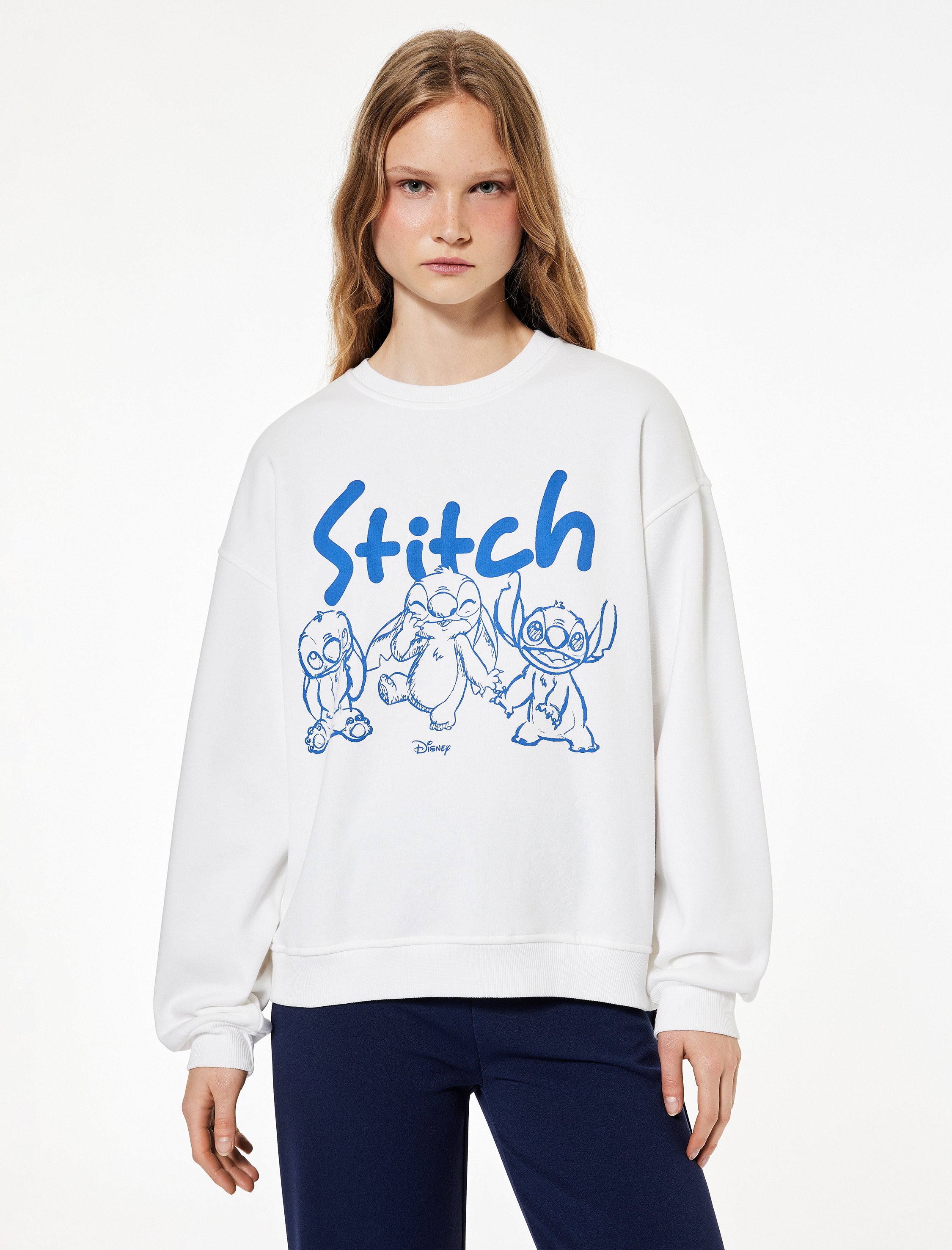   Şardonlu Stitch Lisanslı Bisiklet Yaka Baskılı Oversize Sweatshirt