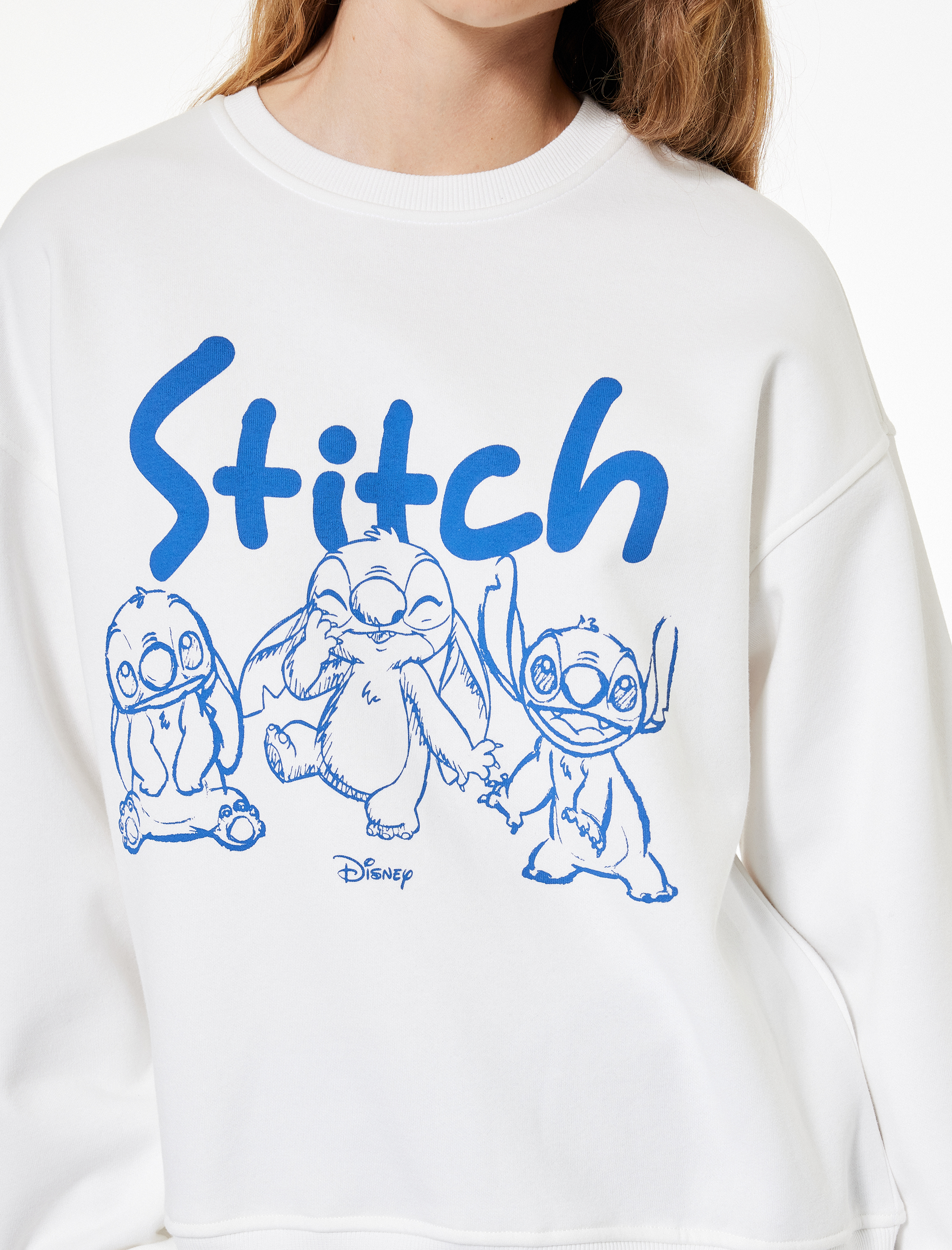   Şardonlu Stitch Lisanslı Bisiklet Yaka Baskılı Oversize Sweatshirt