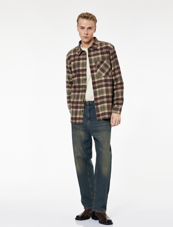  Regular Fit Uzun Kollu Cep Detaylı Klasik Yaka Oduncu Gömleği