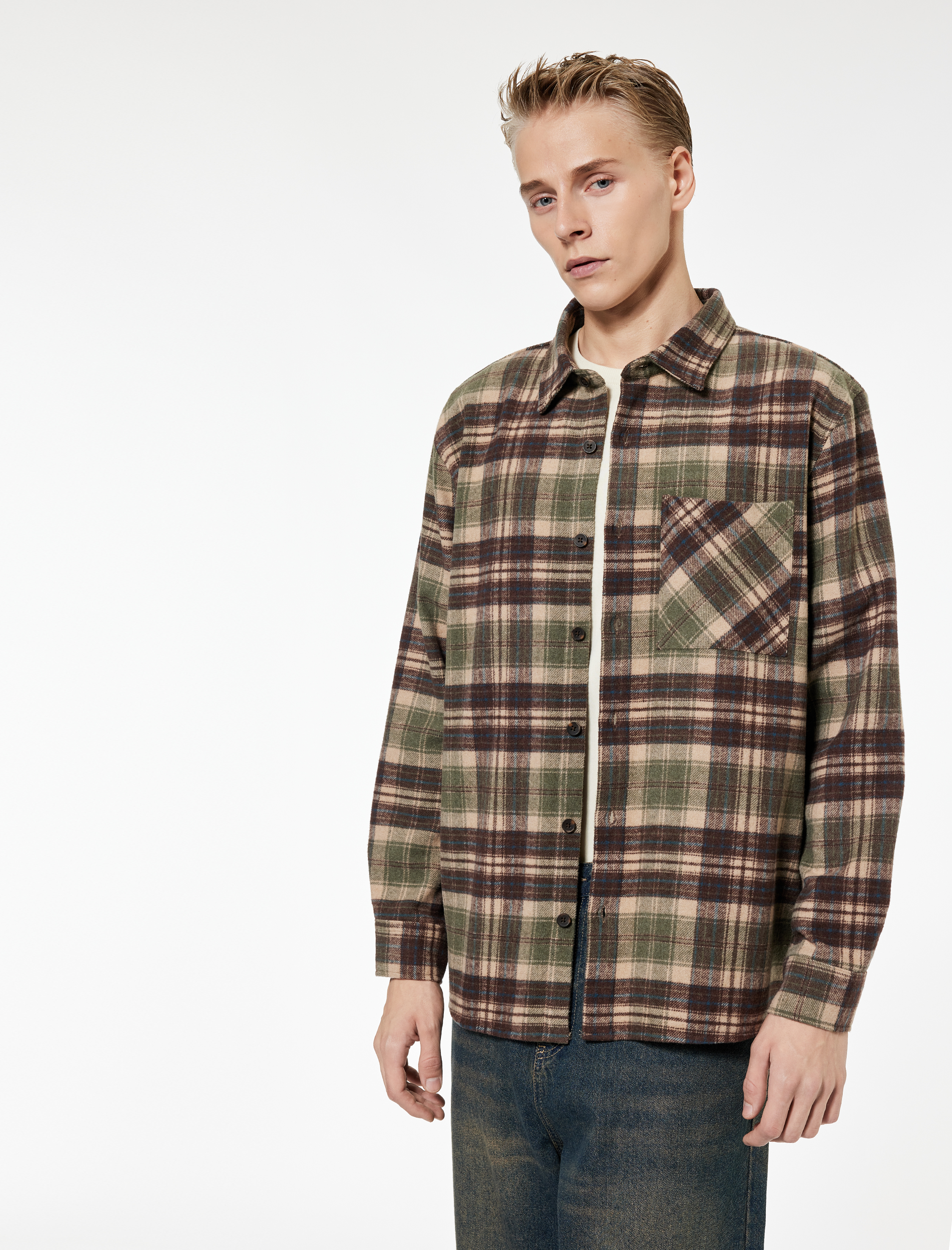   Regular Fit Uzun Kollu Cep Detaylı Klasik Yaka Oduncu Gömleği