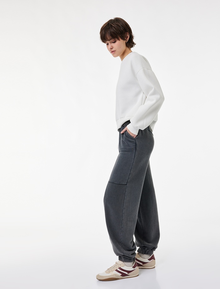  Pamuklu Rahat Kalıp Beli Lastikli Yıkamalı Dikiş Detaylı Jogger Eşofman Altı