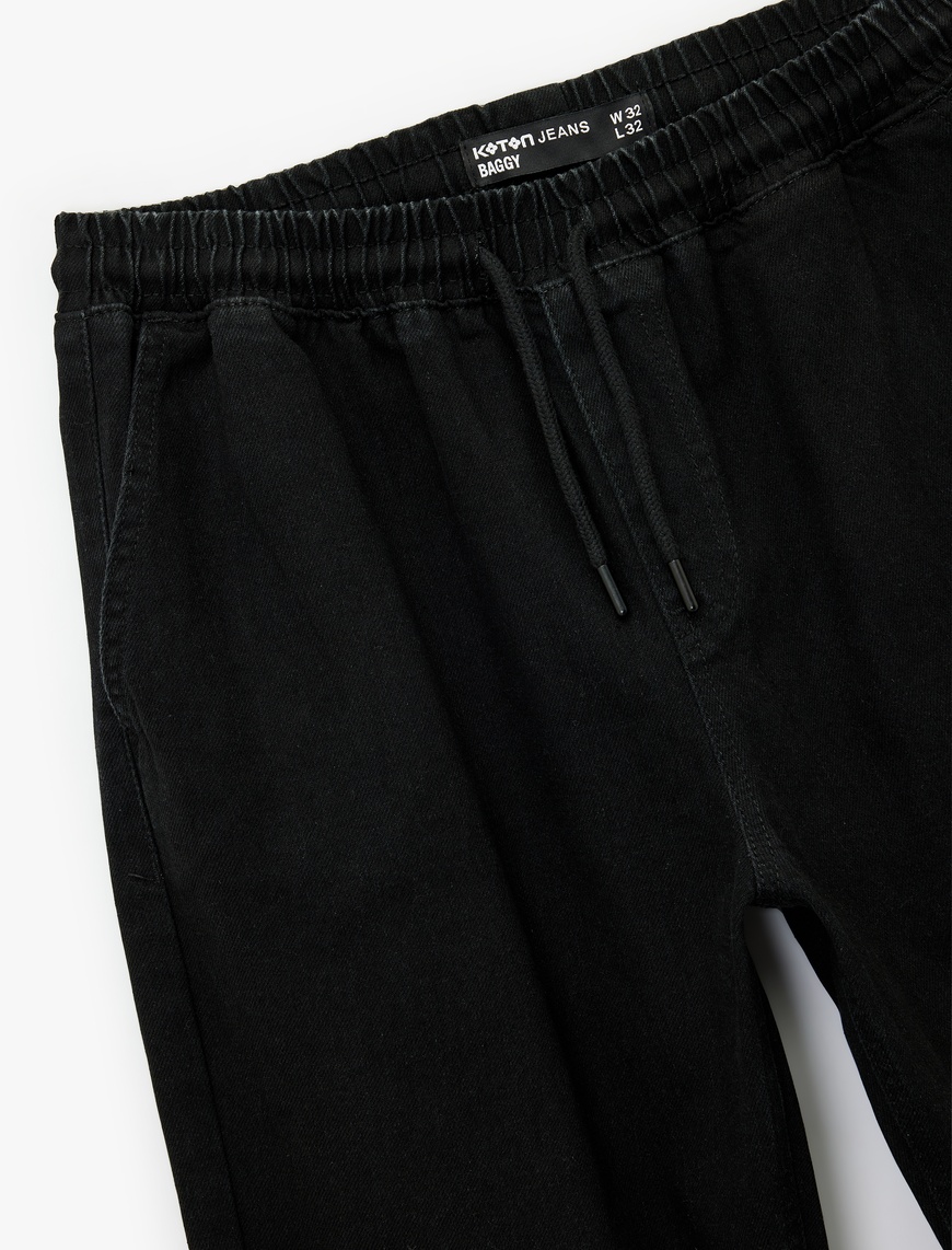 Siyah Erkek Pamuklu Bol Beli Bağcıklı Baggy Jean Pantolon