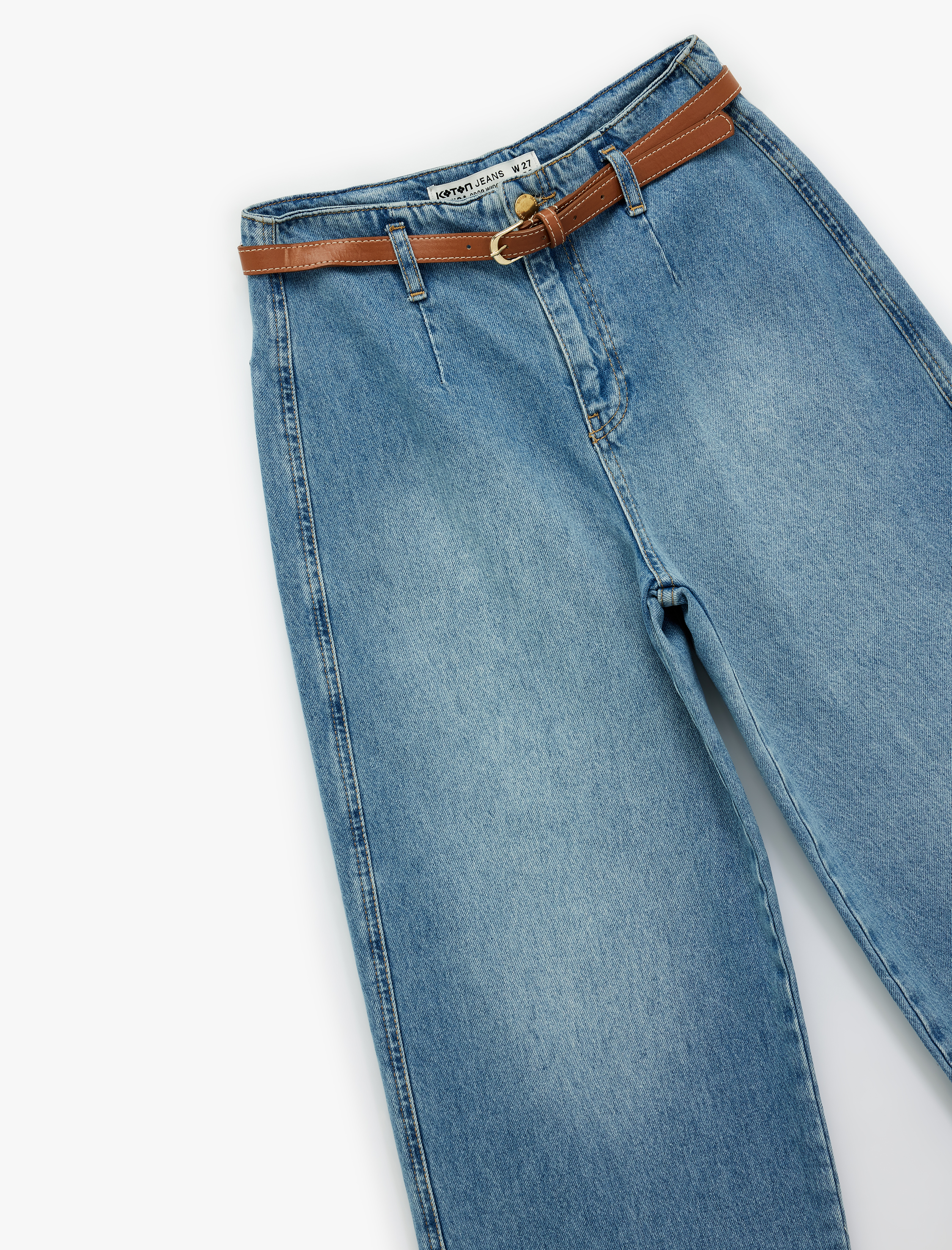   Yüksek Bel Pamuklu Kemer Detaylı Cepli Kısa Geniş Paça Jean Pantolon - Wide Leg Jeans