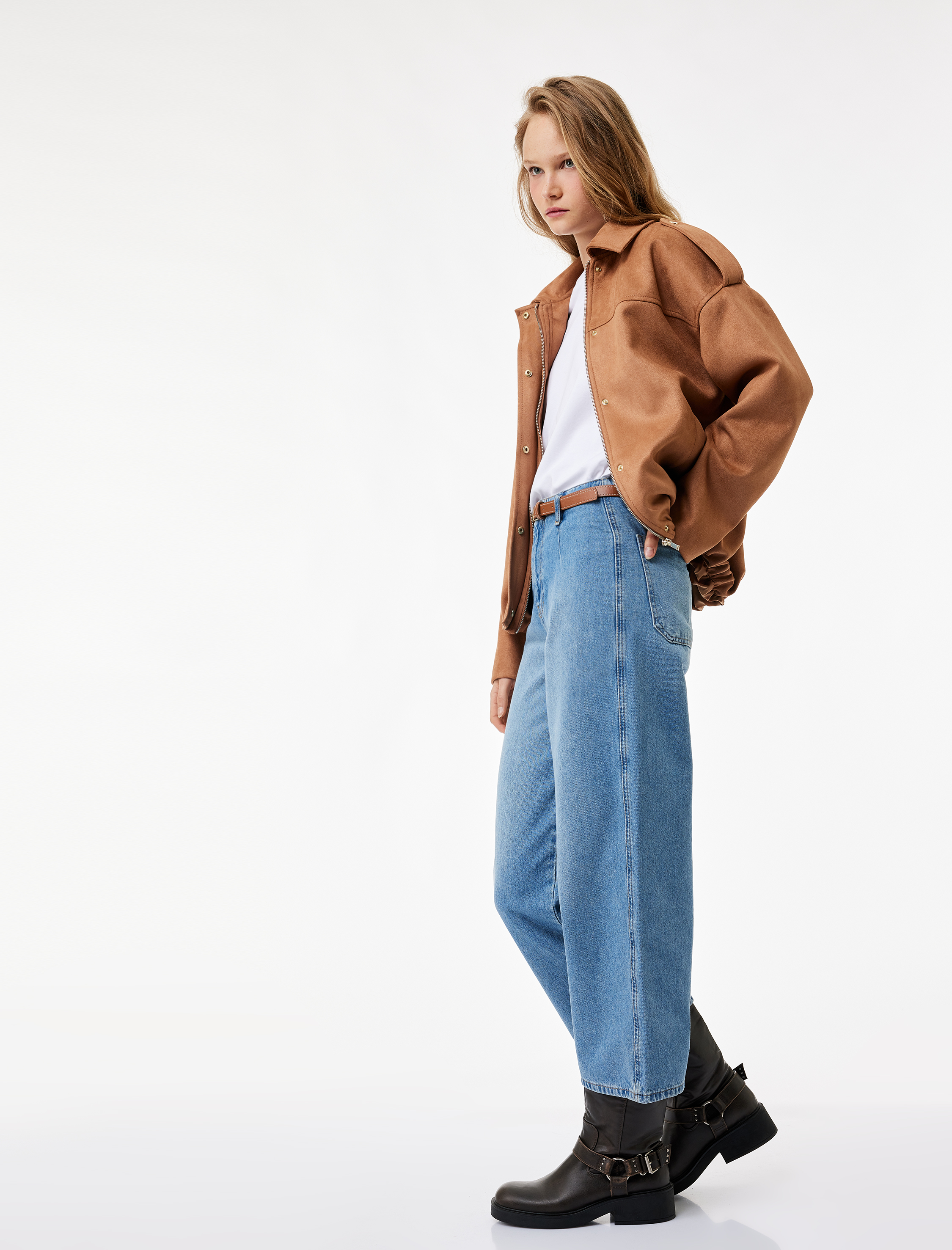   Yüksek Bel Pamuklu Kemer Detaylı Cepli Kısa Geniş Paça Jean Pantolon - Wide Leg Jeans