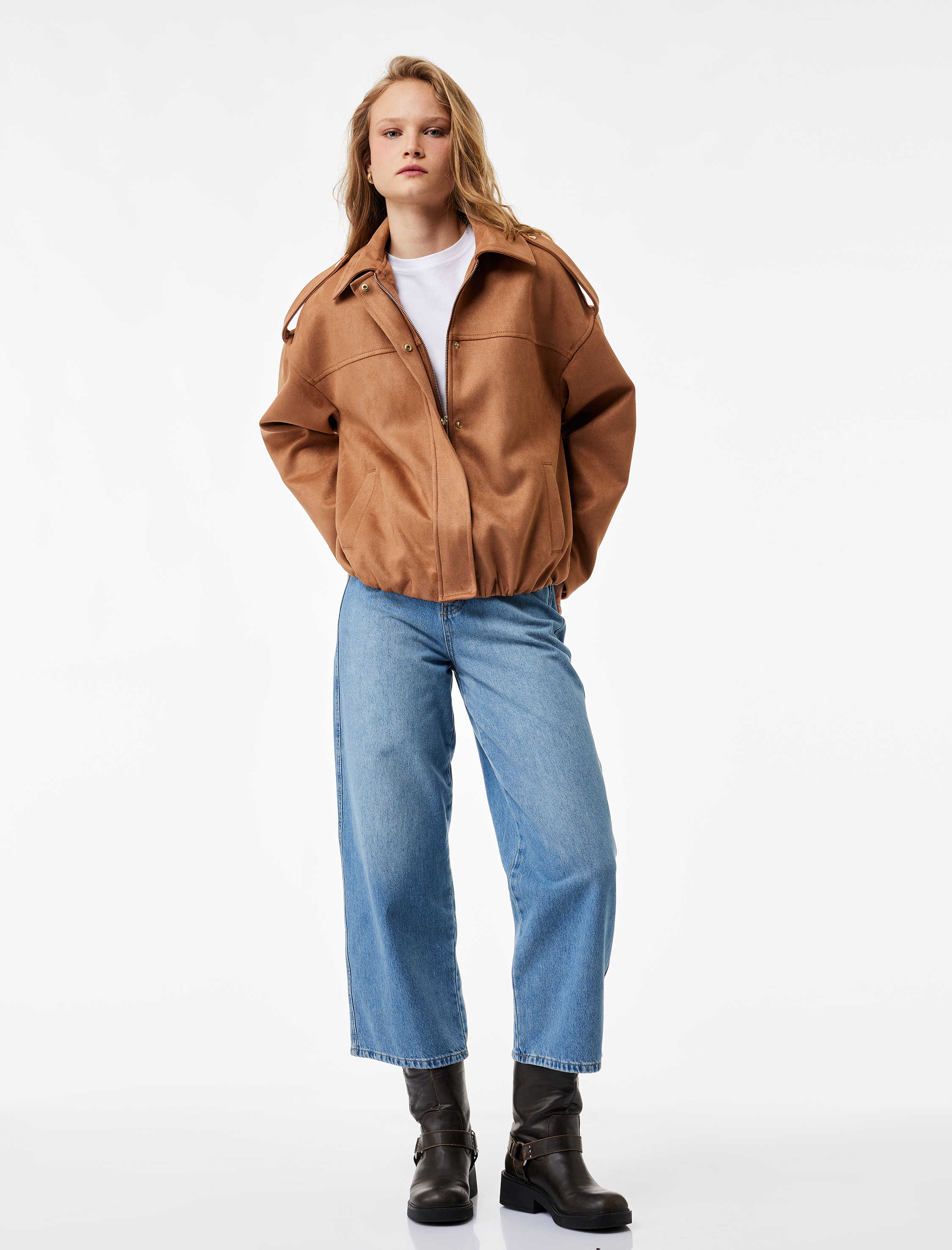   Yüksek Bel Pamuklu Kemer Detaylı Cepli Kısa Geniş Paça Jean Pantolon - Wide Leg Jeans