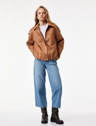 Yüksek Bel Pamuklu Kemer Detaylı Cepli Kısa Geniş Paça Jean Pantolon - Wide Leg Jeans