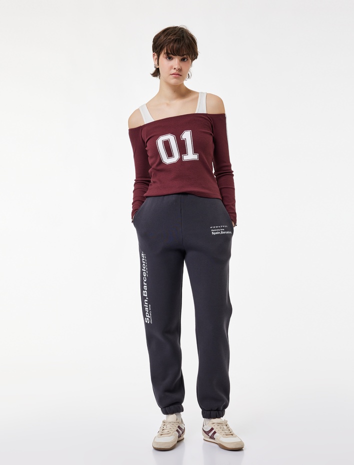  Şardonlu Baskılı Beli Bağcıklı Rahat Kalıp Jogger Eşofman Altı