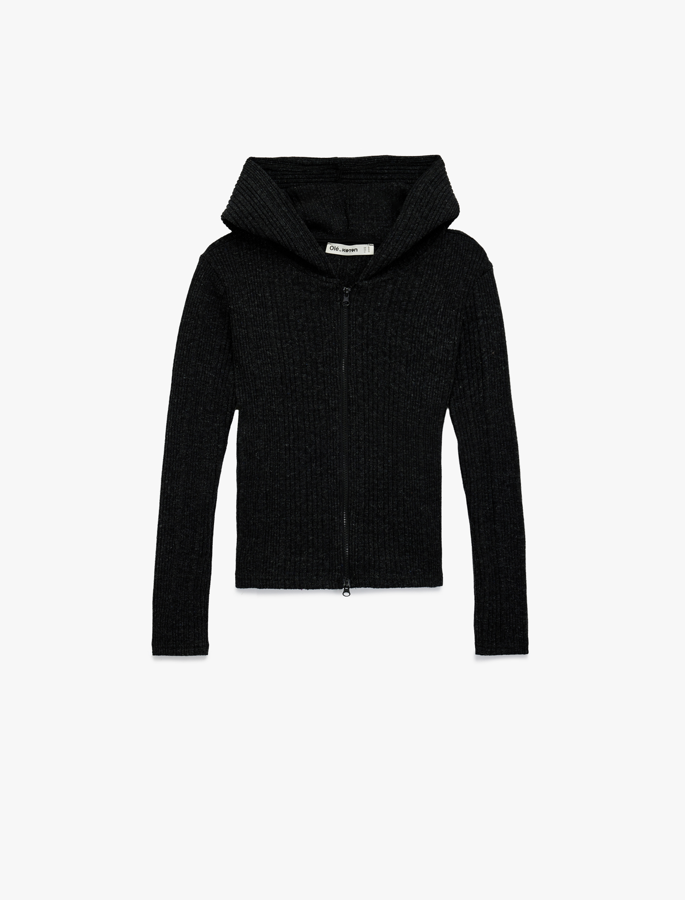   Slim Fit Kapüşonlu Uzun Kollu Dokulu Fermuarlı Hırka