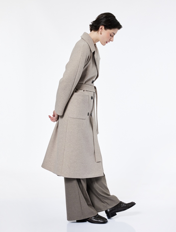  Uzun Kollu Cepli Kemerli Kruvaze Uzun Kaşe Kaban