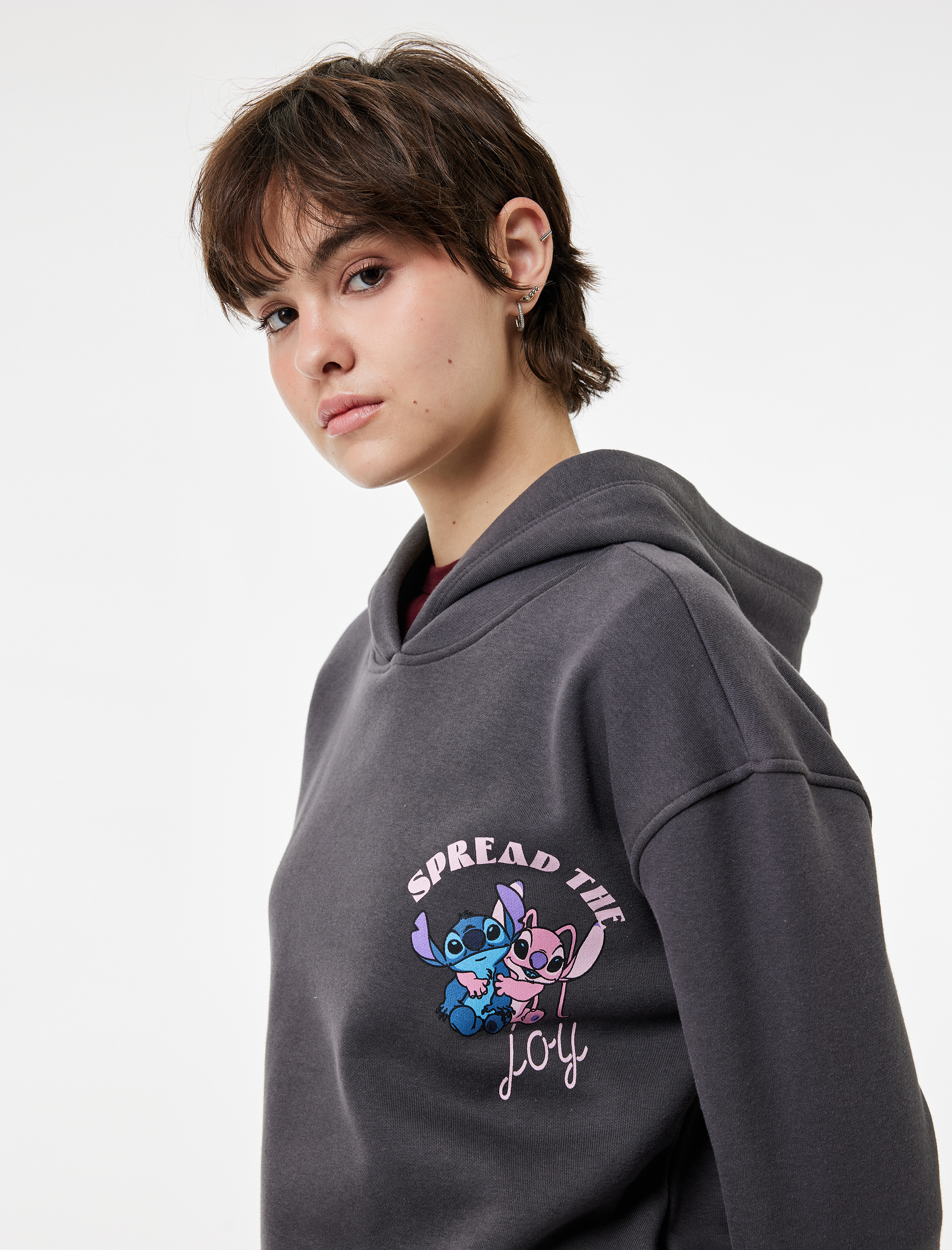   Şardonlu Stitch Lisanslı Baskılı Uzun Kollu Kapüşonlu Oversize Sweatshirt