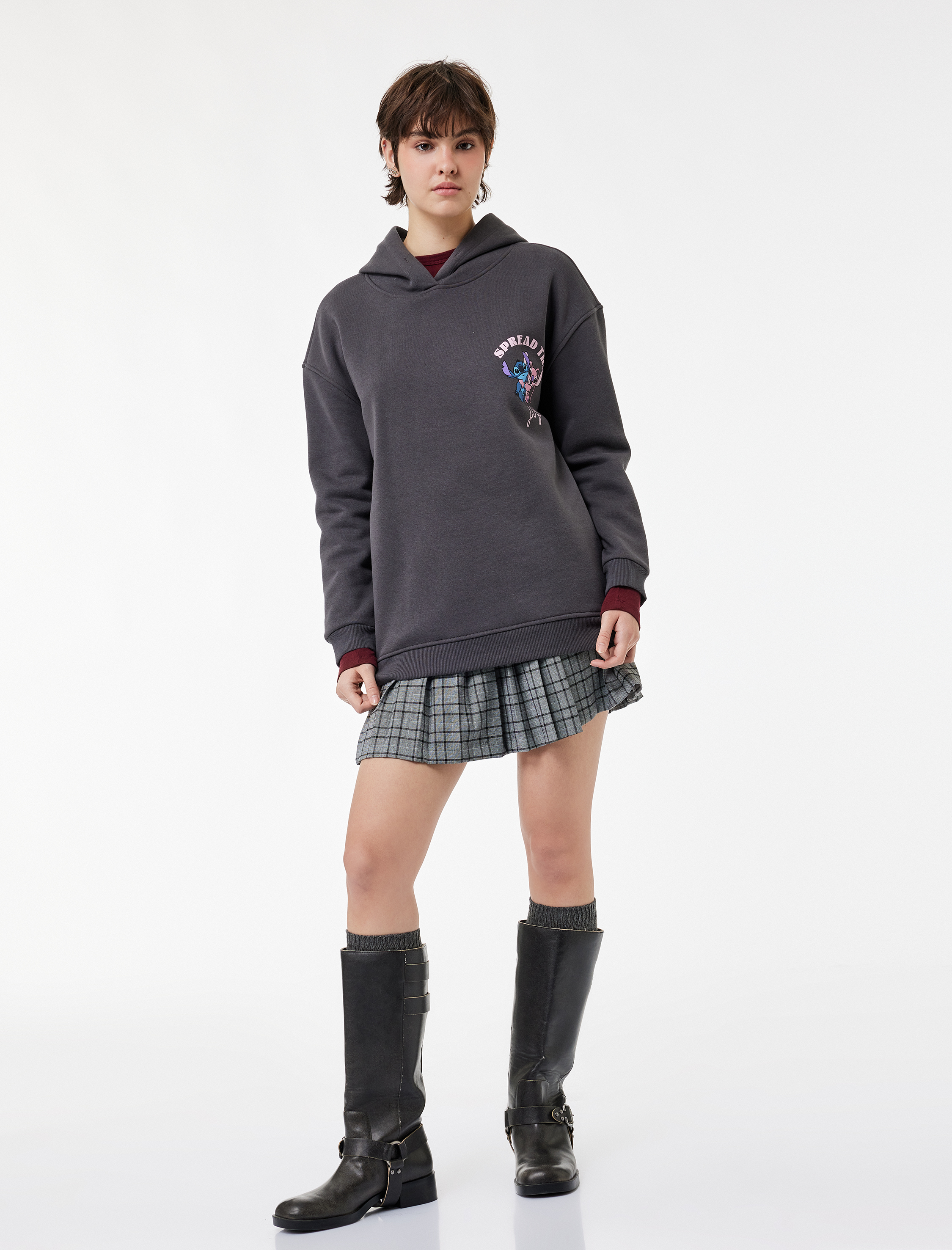   Şardonlu Stitch Lisanslı Baskılı Uzun Kollu Kapüşonlu Oversize Sweatshirt