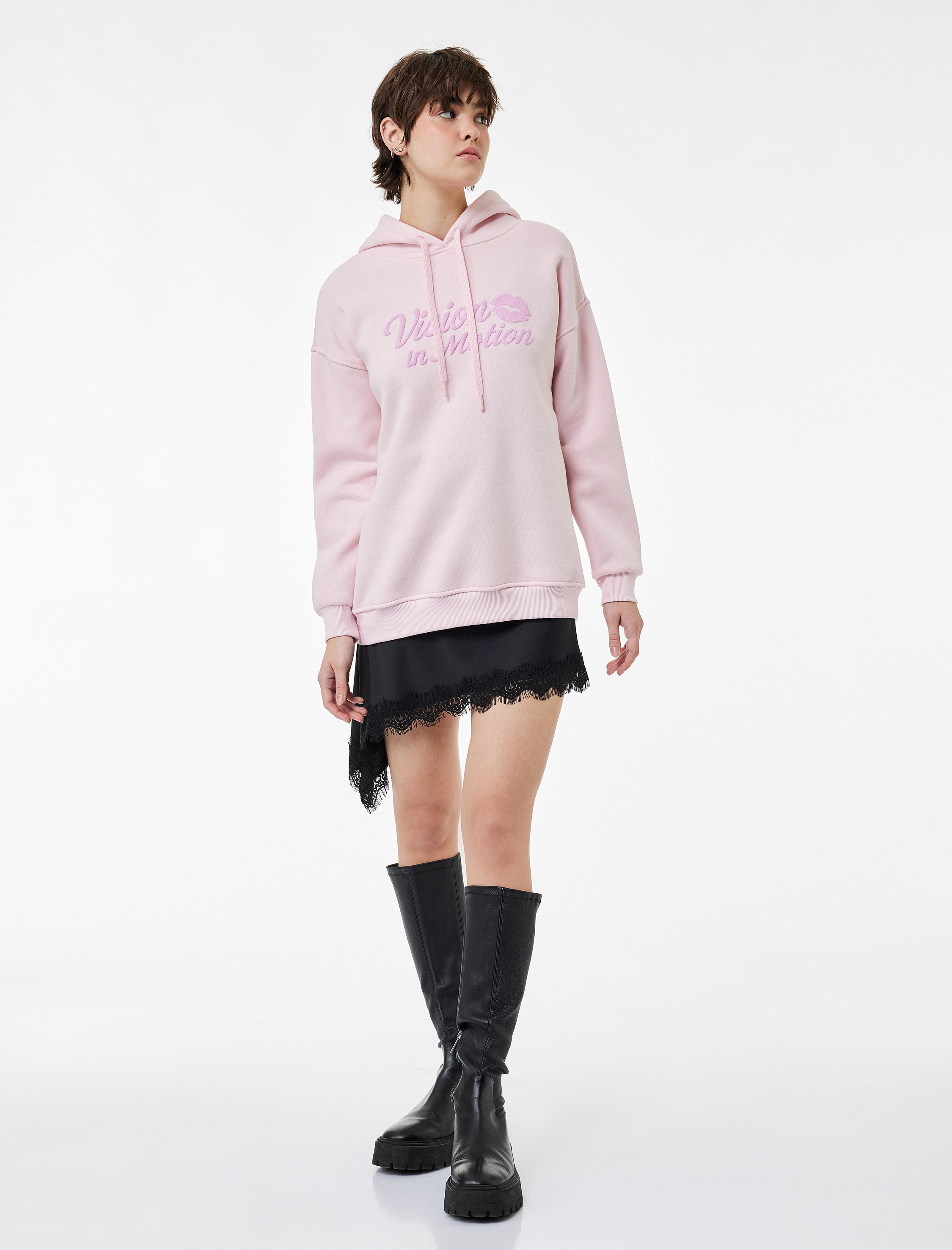   Şardonlu Uzun Kollu Kapüşonlu Baskılı Oversize Sweatshirt