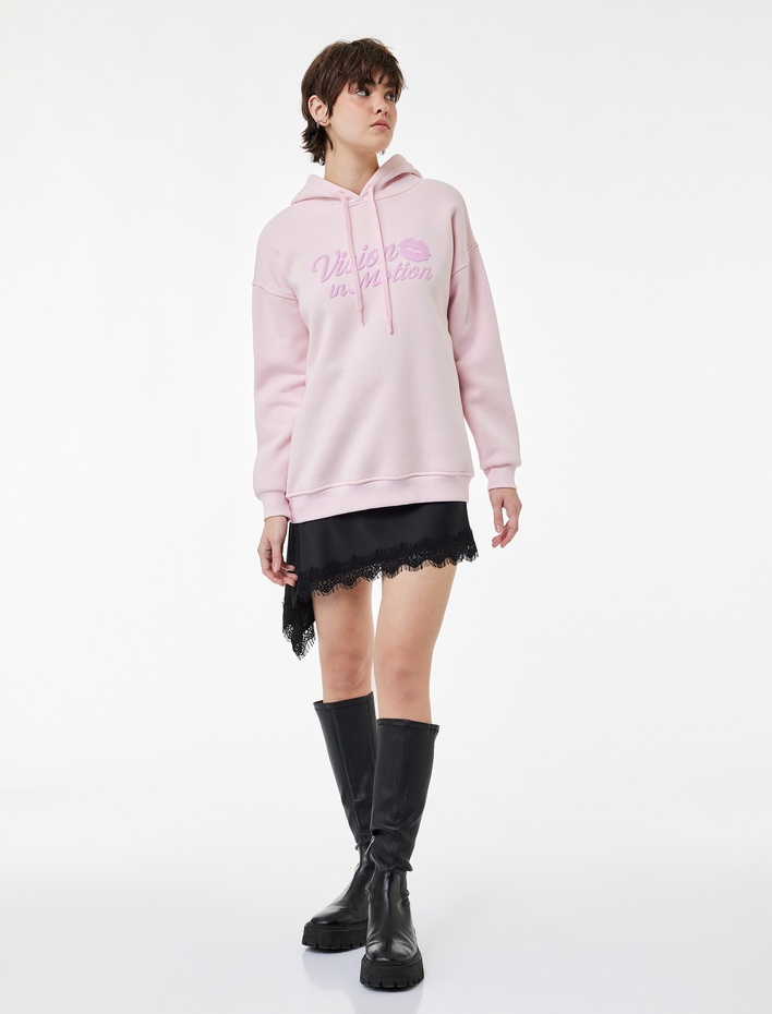  Şardonlu Uzun Kollu Kapüşonlu Baskılı Oversize Sweatshirt