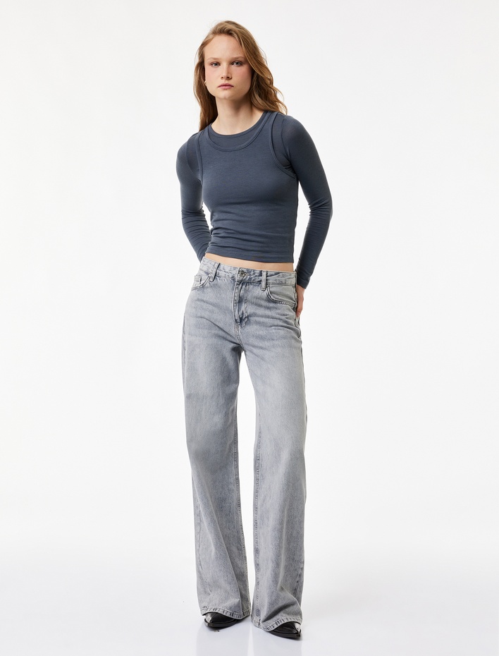  Slim Fit Atlet Görünümlü Bisiklet Yaka Uzun Kollu Tişört