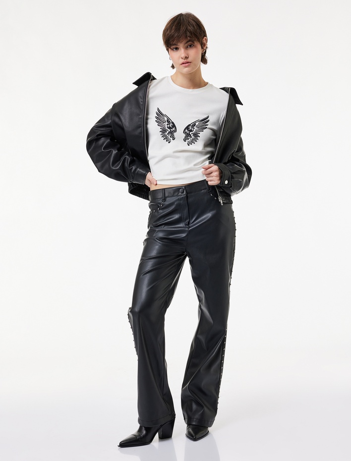  Pamuklu Taş Detaylı Slim Fit Kanat Baskılı Uzun Kollu Tişört