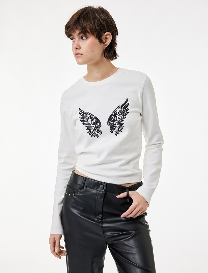  Pamuklu Taş Detaylı Slim Fit Kanat Baskılı Uzun Kollu Tişört