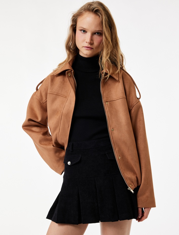  Metal Aksesuarlı Cep Detaylı Kalın Piliseli Mini Etek