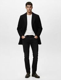 Uzun Kollu Cepli Düğmeli Kruvaze Yaka Uzun Kaşe Kaban