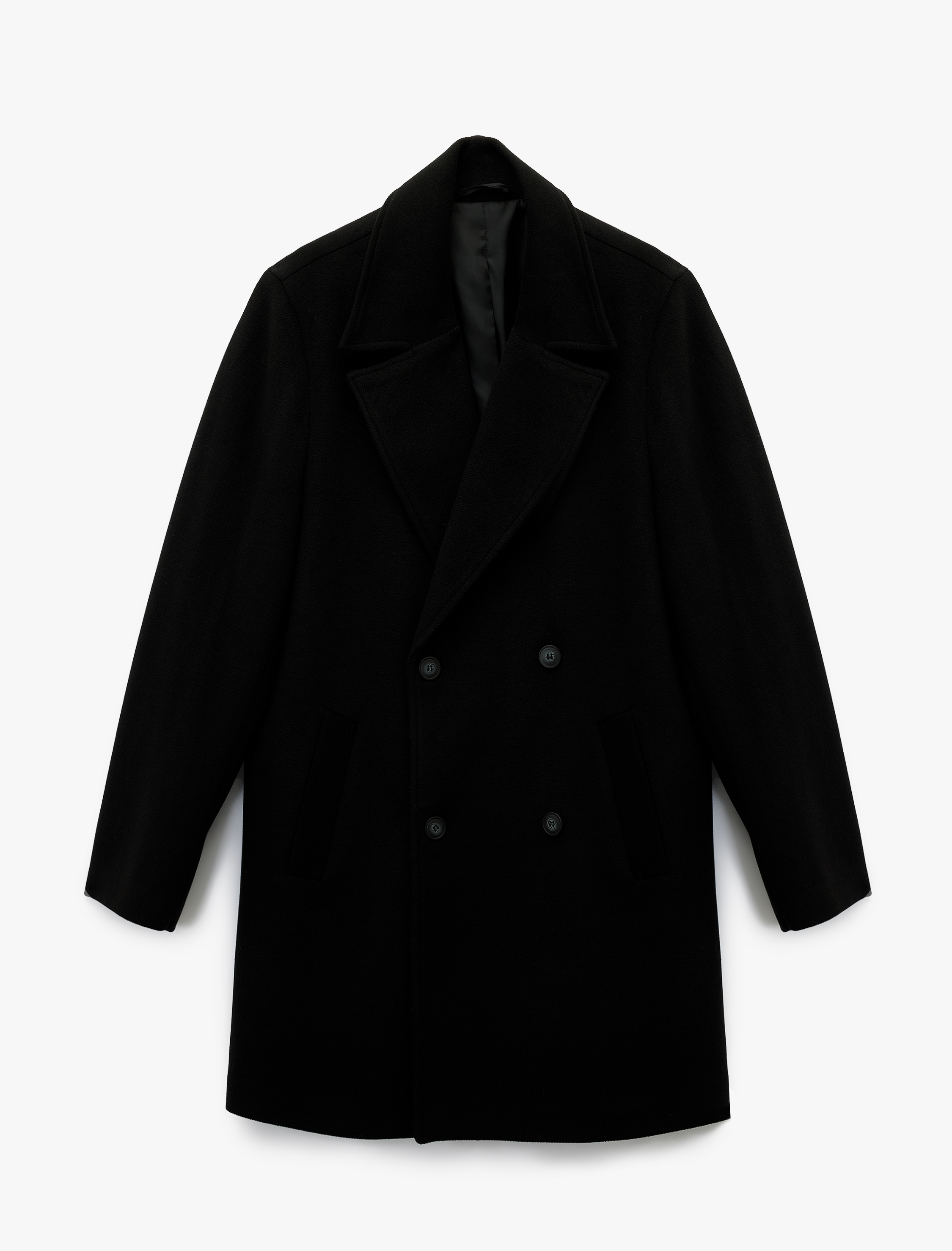   Uzun Kollu Cepli Düğmeli Kruvaze Yaka Uzun Kaşe Kaban