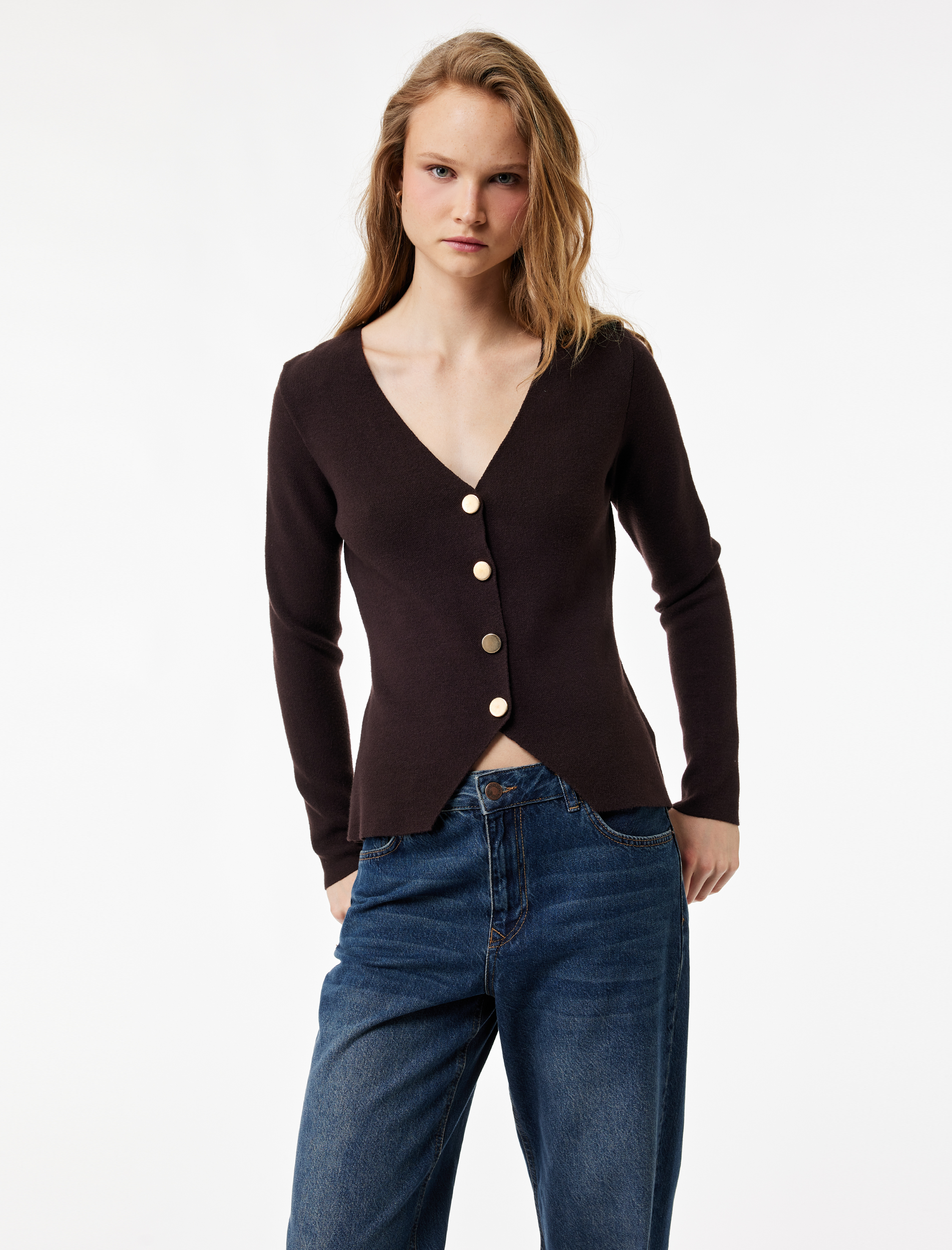   Viskon Karışımlı Uzun Kollu V Yaka Düğmeli Triko Hırka