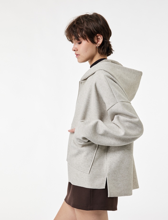  Uzun Kollu Cep Detaylı Fermuarlı Kapüşonlu Oversize Ceket